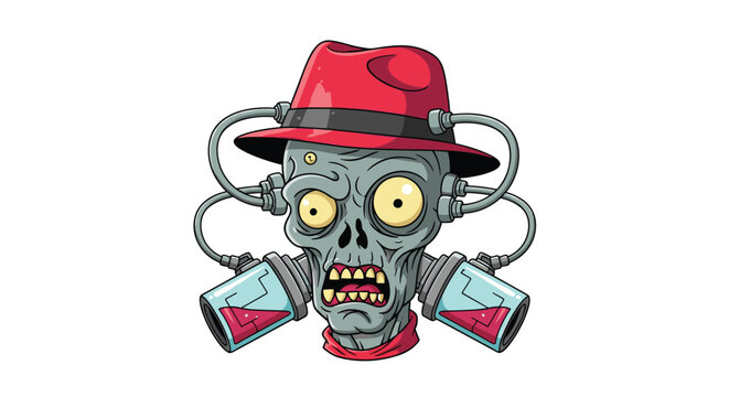 Cartoon mad scientist zombie head with red fedora and science experiment tubes.