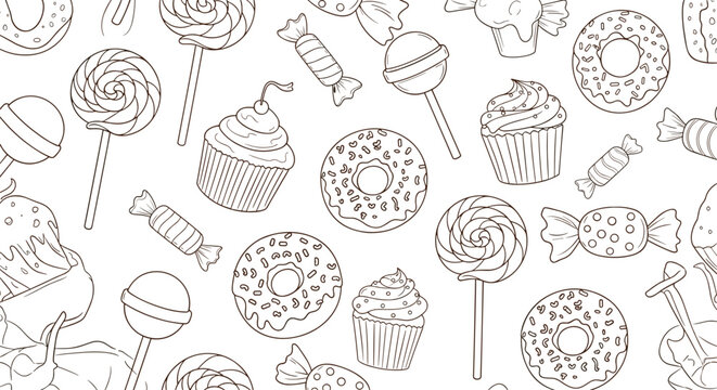A delightful pattern of various candies, cupcakes, and donuts in a simple line art style.