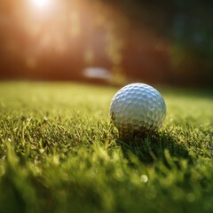 Golf ball on grass with sun flare