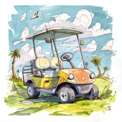Golf Cart on Grassy Hillside with Palm Trees