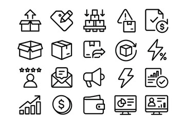Shipment icons: packaging, shipping, analytics, and commerce symbols in black line style