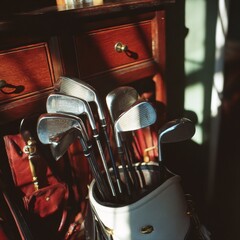 Golf Clubs in Bag Next to Wooden Chest