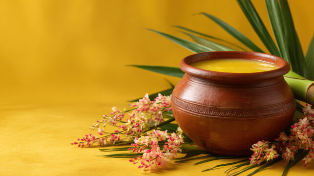 Pongal festival celebrating harvest with traditional pot of ghee