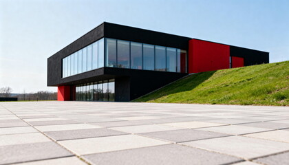 Fototapeta premium Modern architectural building with black and red exterior and large glass windows