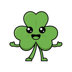 Cute Shamrock Character with Happy Face Kawaii Green Three Leaf Clover Mascot for St Patricks Day