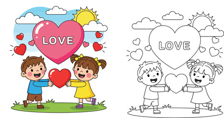 Cute cartoon boy and girl holding a heart, Valentine's Day coloring book page vector illustration with outline and colored version, children friendship concept