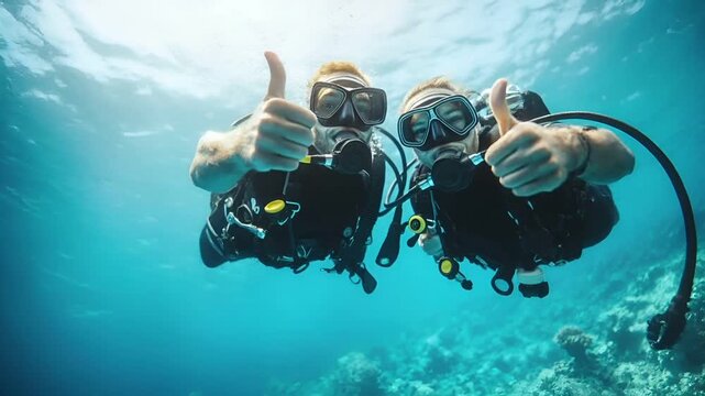 Aerial view of two scuba divers giving thumbsup in clear blue ocean water.