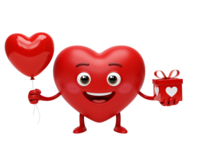 Smiling heart character holding gift and heart shaped balloon