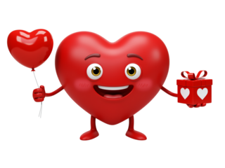 Happy heart character holding gift and balloon on black background