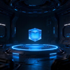 Obraz premium Futuristic Sci-Fi Cube in High-Tech Room