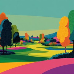 Stylized Golf Course Landscape with Colorful Trees