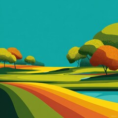 Stylized Landscape with Rolling Hills and Textured Trees