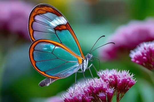 Vibrant glasswing butterfly resting on purple flowers in a lush garden setting