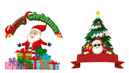 Santa Claus with Gift Boxes and Christmas Banner Vector Illustration, Santa Claus Standing with Gift Boxes and Merry Christmas Banner, Happy Santa with Christmas Gifts and Decorative Banner Vector