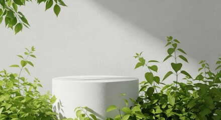Product display podium surrounded by lush greenery and soft sunlight