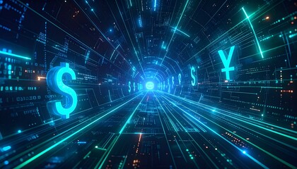 Obraz premium Futuristic 3D Render of Glowing Digital Currency Flowing Through Secure Network and Circuit Tunnels