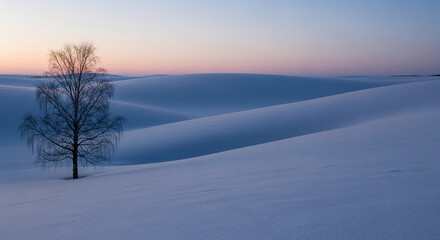 Scenic view of leafless tree on snowy hill with sunset background, representing silence, calm, and the beauty of the winter season