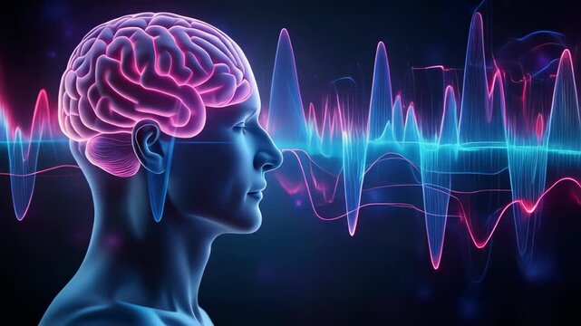 Abstract visualization of brain activity and sound waves in a creative digital art style