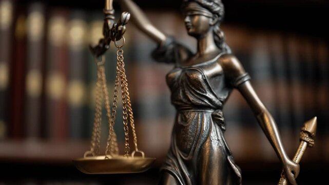 Symbol of Justice, Scales of Justice Statue in Law Library Setting