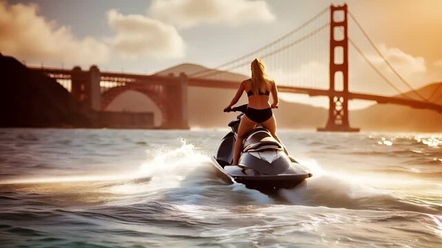 A woman in a black bikini rides a jet ski on a body of water during sunset. The golden hour, with the sun casting a warm, golden hue over the scene, creates a serene atmosphere.