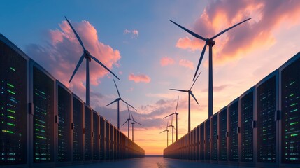A futuristic landscape featuring wind turbines and data servers under a colorful sunset, symbolizing renewable energy and technology.