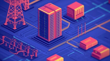 A vibrant, digital illustration of a cityscape featuring buildings, power lines, and electronic circuit designs, showcasing a blend of technology and urban life.
