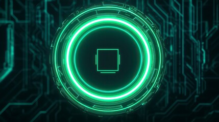 A glowing green circular design on a circuit-like background, representing technology and digital innovation.