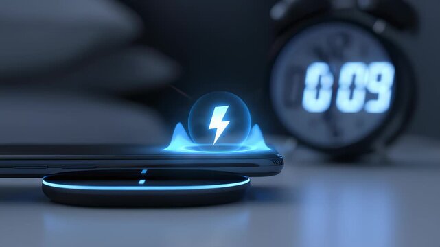 Smartphone Wirelessly Charging on a Pad at Bedside Table, Close Up