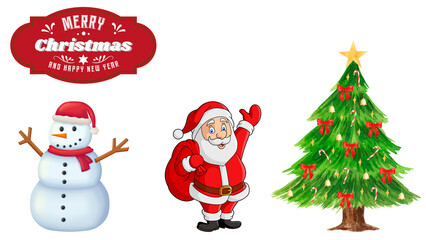 Cute Christmas Characters with Elf, Snowman and Penguin, Christmas Tree Scene with Elf and Winter Cartoon Characters, Festive Christmas Illustration with Elf Snowman and Penguin