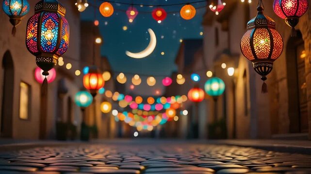 A cinematic night scene featuring traditional Ramadan lanterns (fanous) glowing warmly