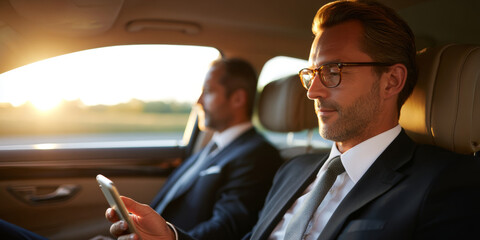 Two businessmen in formal suits sitting inside a car during sunset, one using a smartphone while the other looks out the window, showcasing a professional commute
