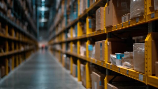 Efficient warehouse shelving with organized packages and boxes in a modern storage facility