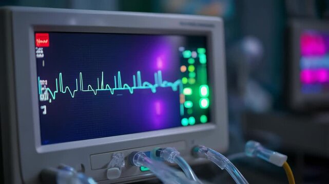 Colorful medical monitors displaying vital signs in a healthcare environment