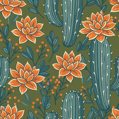 Cactus and echeveria flower seamless vector textile design perfect for paper packaging, stationery, apparel, or print decoration.