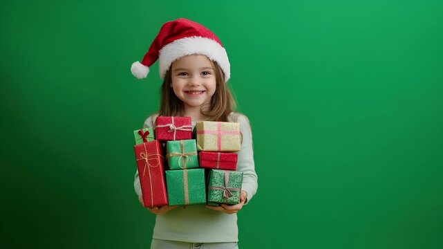 Winter holiday celebration concept. Christmas New Year. A young girl in a Santa hat holds a stack of wrapped presents. The background is a vibrant green.
