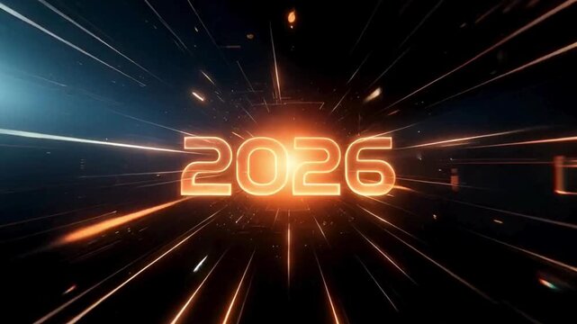 High Speed Neon Orange 2026 New Year Text Animation in Sci-Fi Warp Tunnel for Futuristic Technology Background 4k Motion Video loop Animation