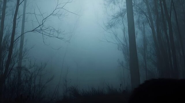 Halloween holiday promotion theme. Spooky scaring. A dark, atmospheric, and atmospheric portrayal of a wolf with glowing red eyes in a misty forest setting. The wolf is depicted in a side profile.