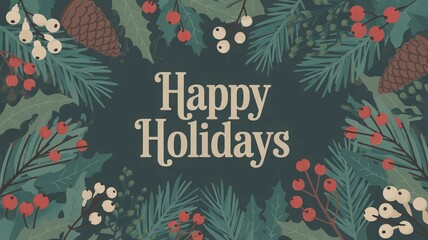 Elegant vintage style Happy Holidays greeting framed with lush evergreen boughs holly berries and pine cones