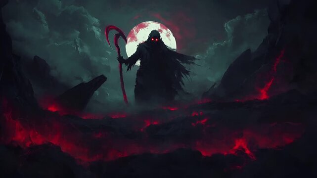 Halloween holiday promotion theme. Spooky scaring. A dark, atmospheric digital artwork featuring a grim reaper with a scythe.