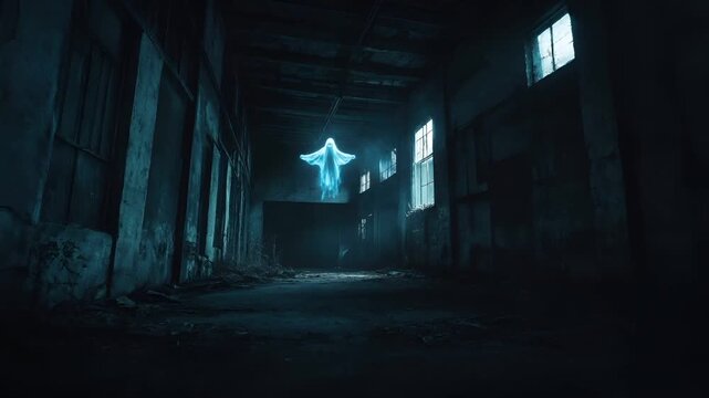 Halloween holiday promotion theme. Spooky scaring. A moody, atmospheric scene set in an old, dilapidated building. The main subject is a ghostly figure hanging from the ceiling.