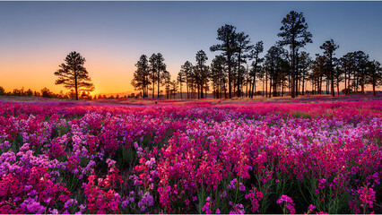 Sunset Over Wildflower Meadow With Silhouetted Pine Trees sunrise wildflowers isolated on a transparent background