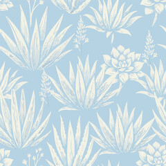 Monochromatic agave and echeveria seamless vector design perfect for fabric prints, wedding invitations, stationery, or home decor.