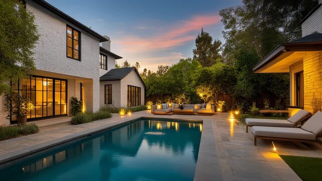 Modern backyard oasis with pool and stylish outdoor seating in serene landscape