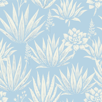 Monochromatic agave and echeveria seamless vector design perfect for fabric prints, wedding invitations, stationery, or home decor.