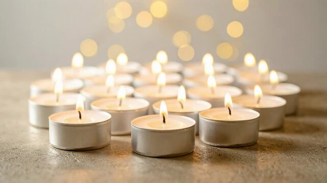 Velas encendidas con llamas en movimiento y luces bokeh titilantes en ambiente c&aacute;lido en loop