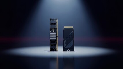 Futuristic computer modules are dramatically showcased under blue studio light on a dark background.