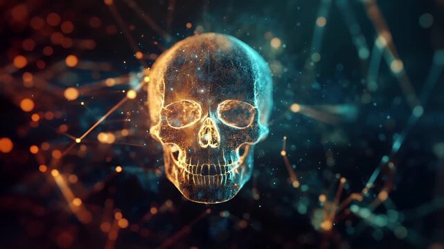 Halloween holiday promotion theme. Spooky scaring. A digital artwork of a glowing skull surrounded by a myriad of particles and lights. The skull is illuminated with a warm, golden hue.