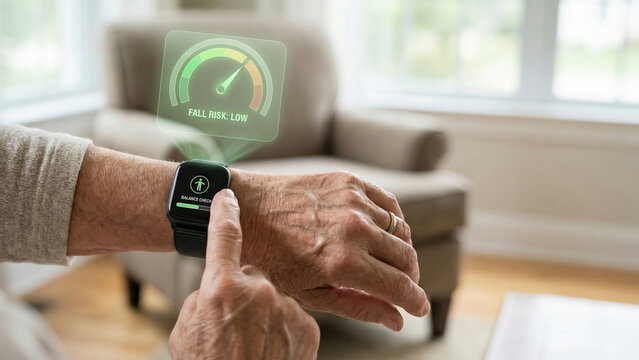 Elderly person using smartwatch to check fall risk and balance with silver technology enhancing economy and wealth transfer in healthcare