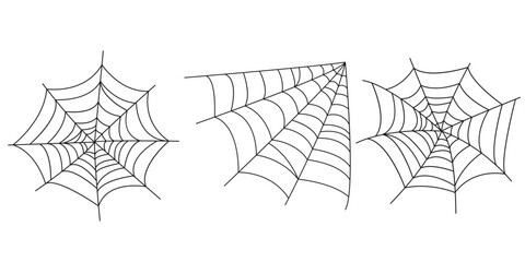Spiderweb, spider horror house, creepy Halloween decoration concept set. Hand drawn Spiderweb vector doodle sketch. Cobweb isolated on white background for halloween, spooky, scary, horror house	