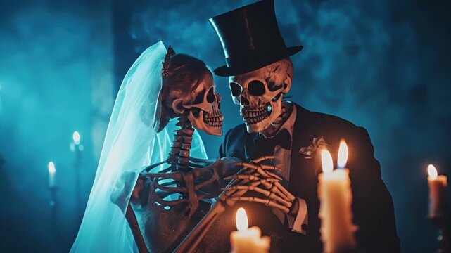 Halloween holiday promotion theme. Spooky scaring. A Day of the Dead themed wedding scene with skeletons and candles. The main subject is a couple dressed in formal attire.